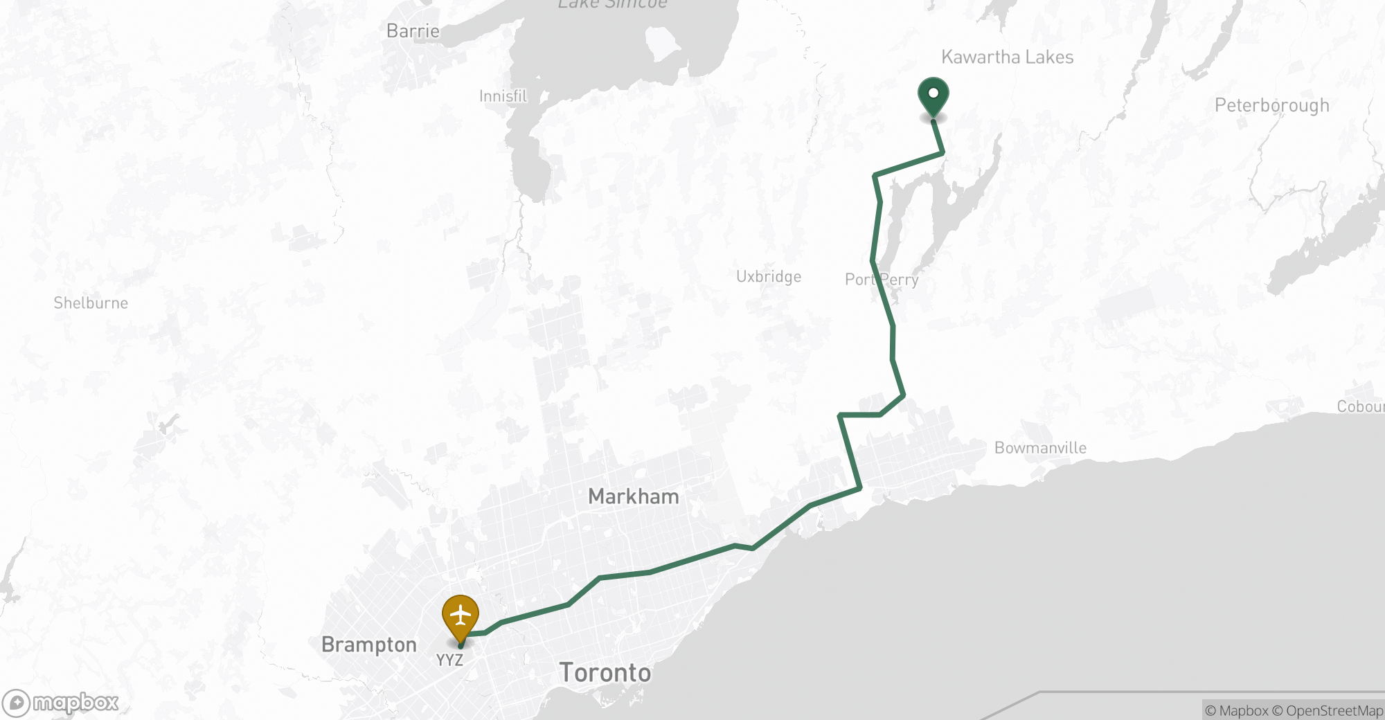 Driving route map from Little Britain to Toronto Pearson (YYZ) airport