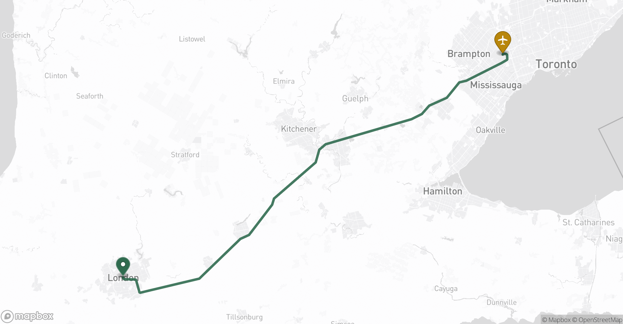 Driving route map from London to Toronto Pearson (YYZ) airport