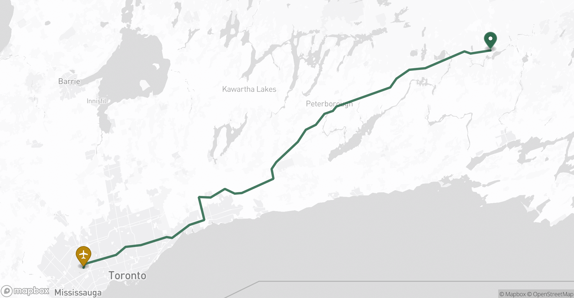 Driving route map from Madoc to Toronto Pearson (YYZ) airport
