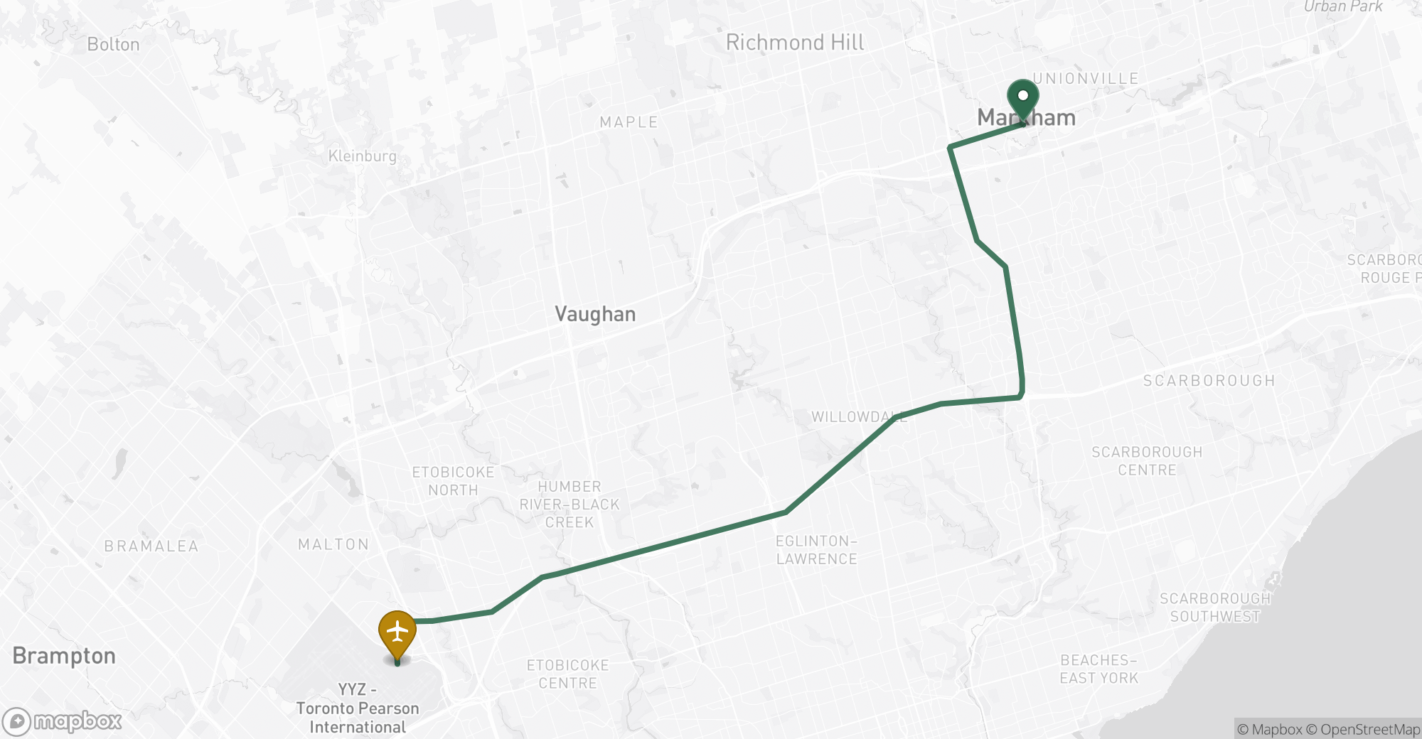 Driving route map from Markham to Toronto Pearson (YYZ) airport