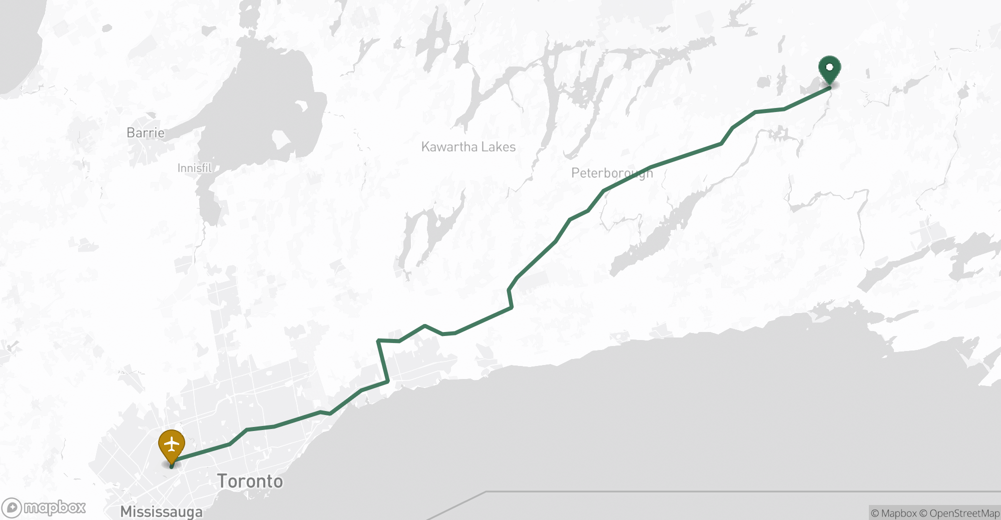Driving route map from Marmora to Toronto Pearson (YYZ) airport