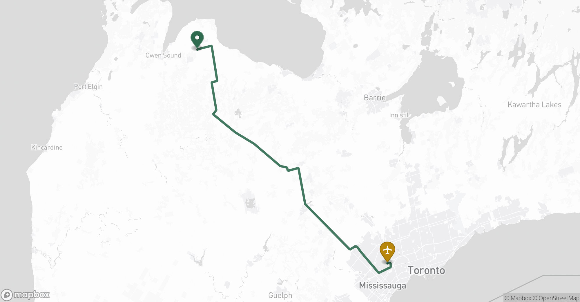 Driving route map from Meaford to Toronto Pearson (YYZ) airport