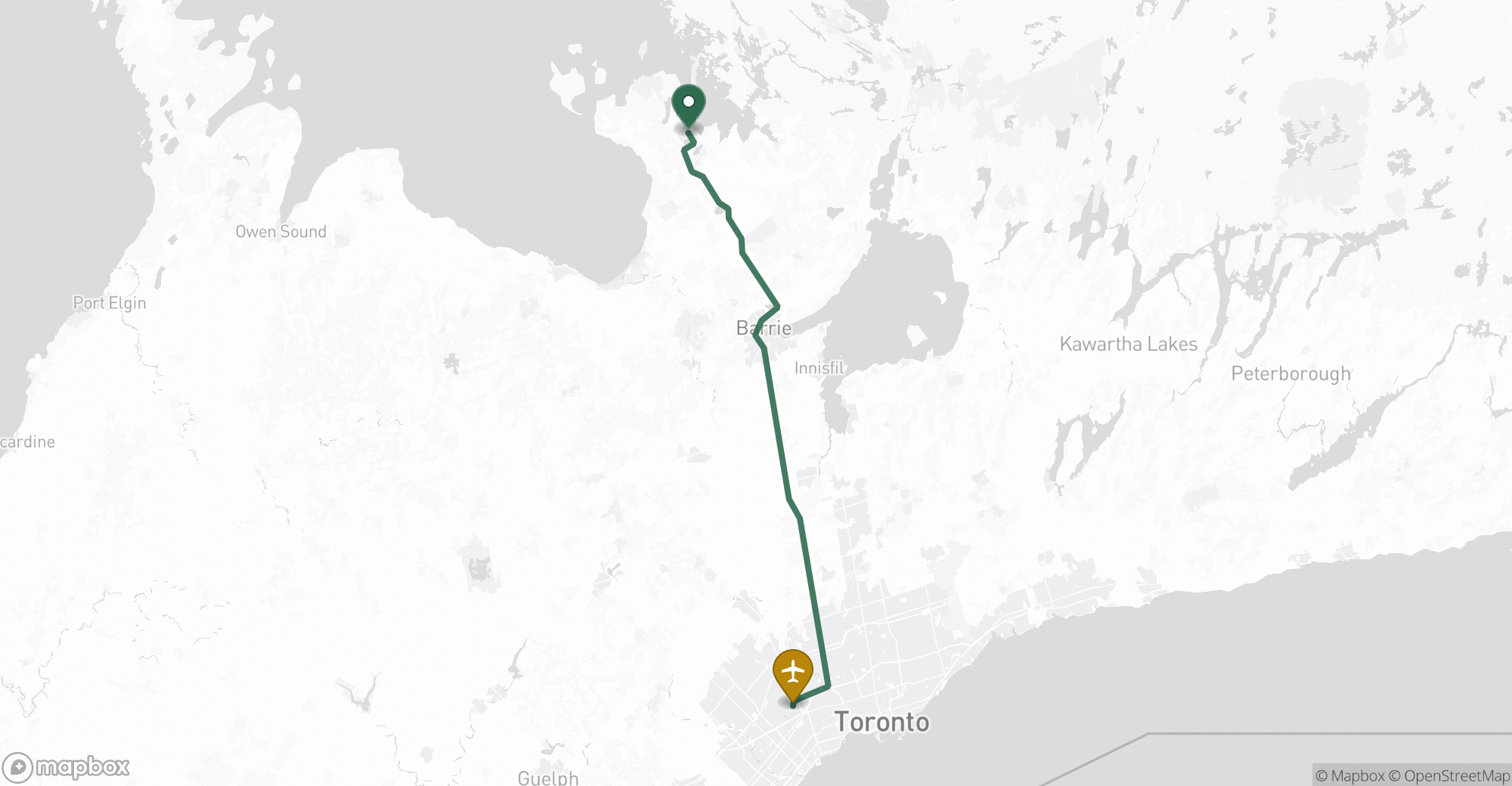 Driving route map from Midland to Toronto Pearson (YYZ) airport