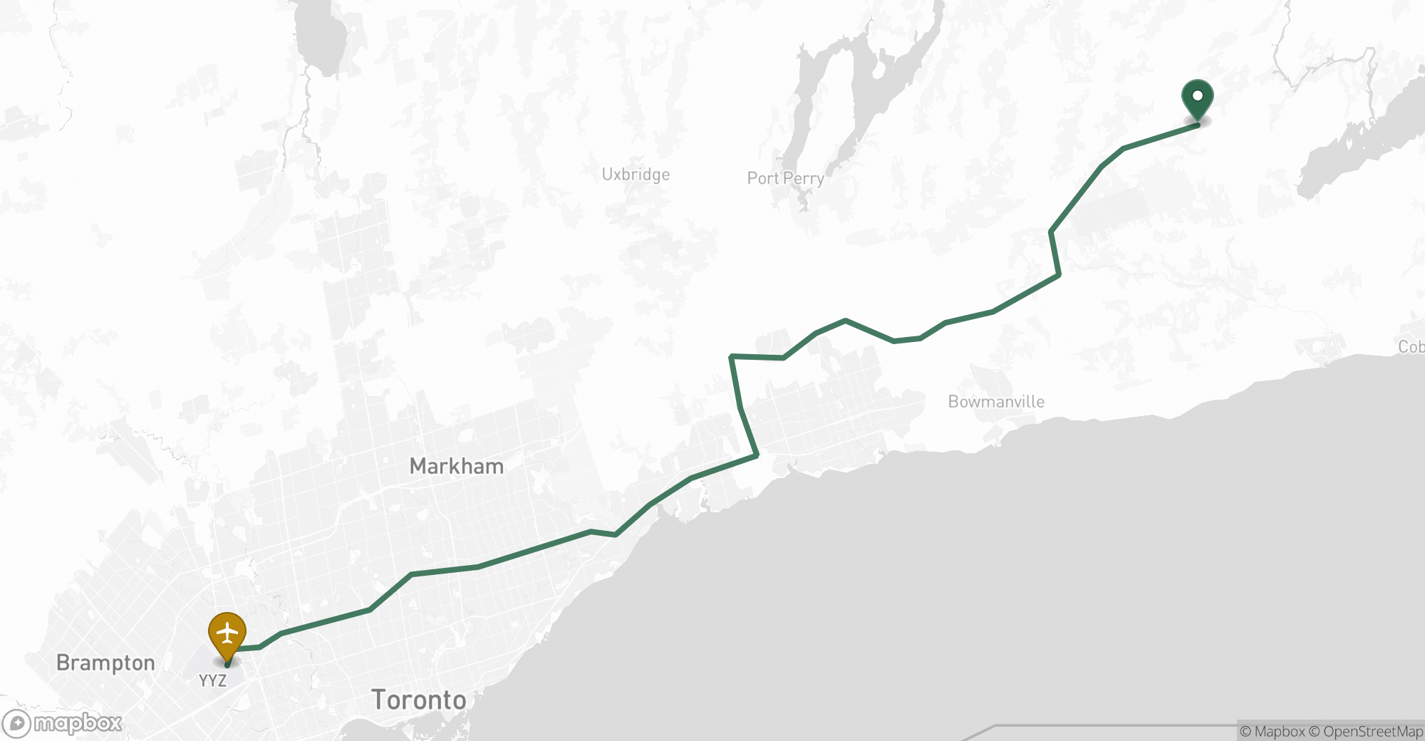 Driving route map from Millbrook to Toronto Pearson (YYZ) airport