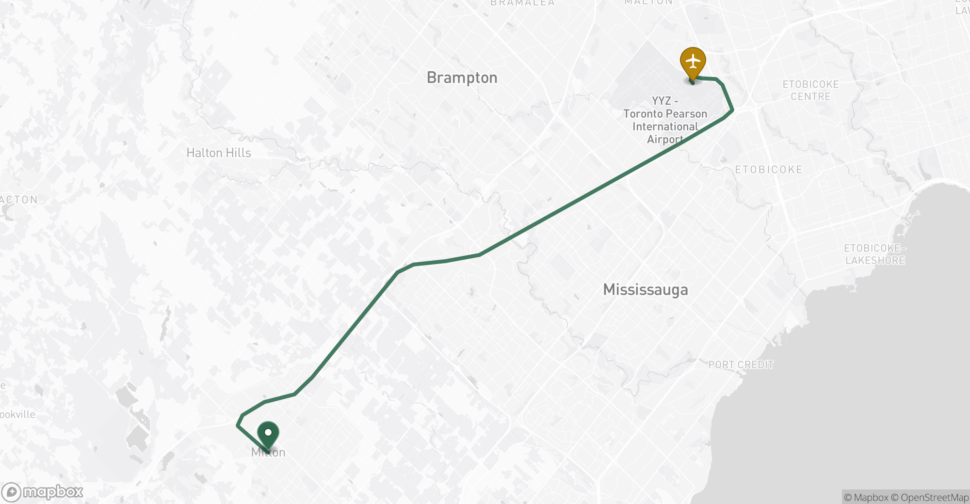 Driving route map from Milton to Toronto Pearson (YYZ) airport