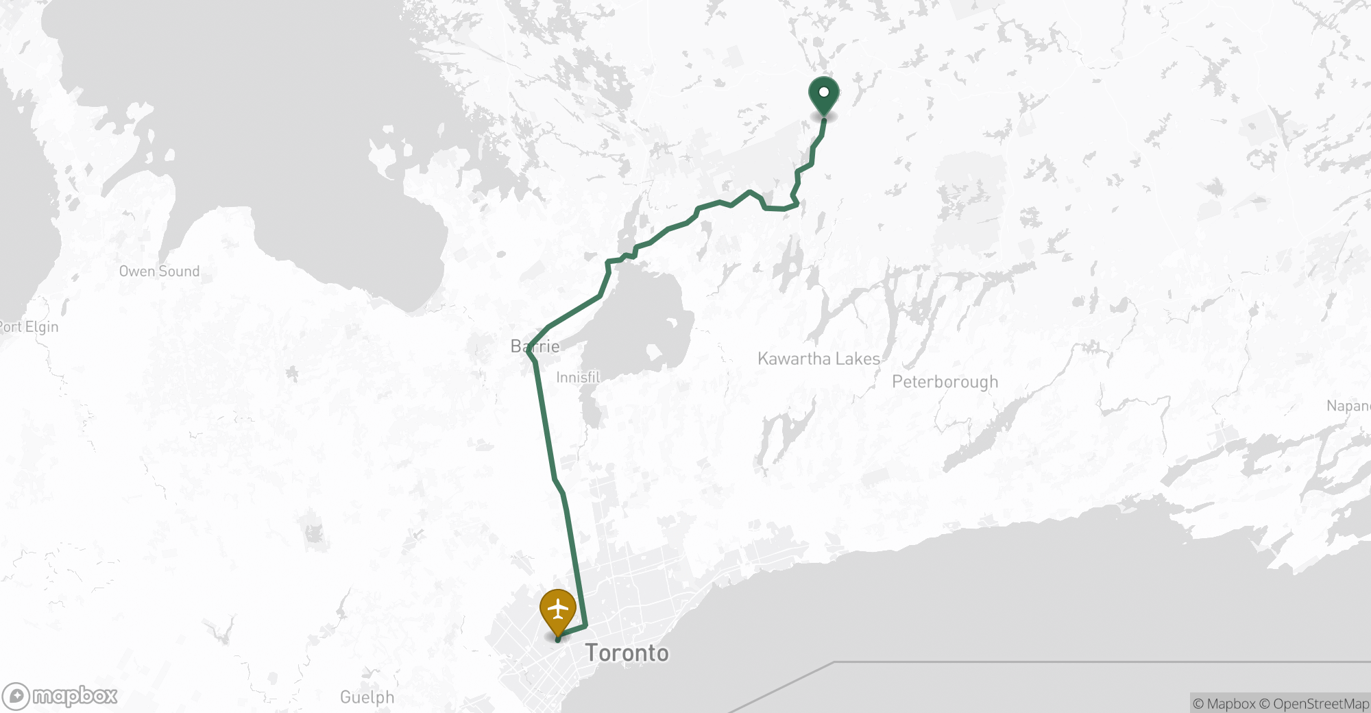 Driving route map from Minden to Toronto Pearson (YYZ) airport