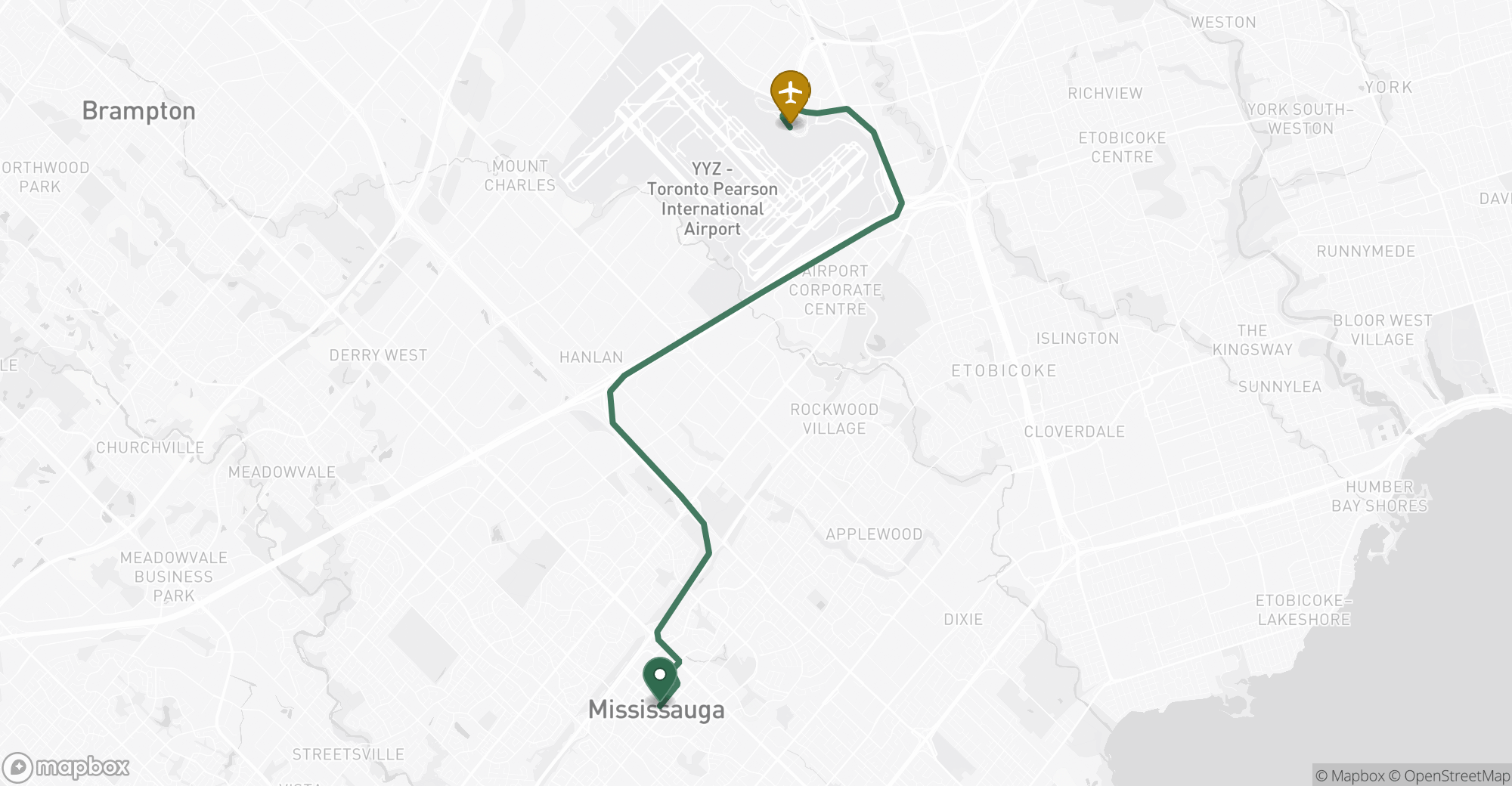Driving route map from Mississauga to Toronto Pearson (YYZ) airport