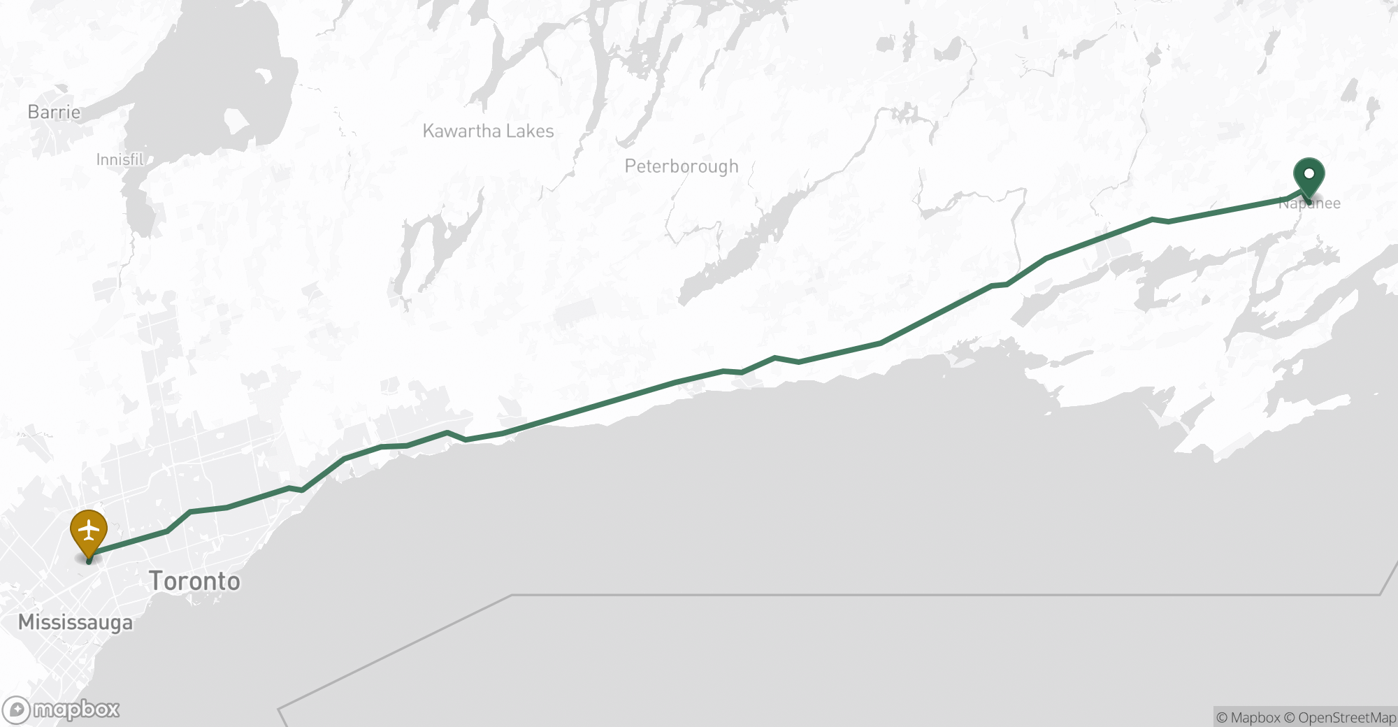 Driving route map from Napanee to Toronto Pearson (YYZ) airport