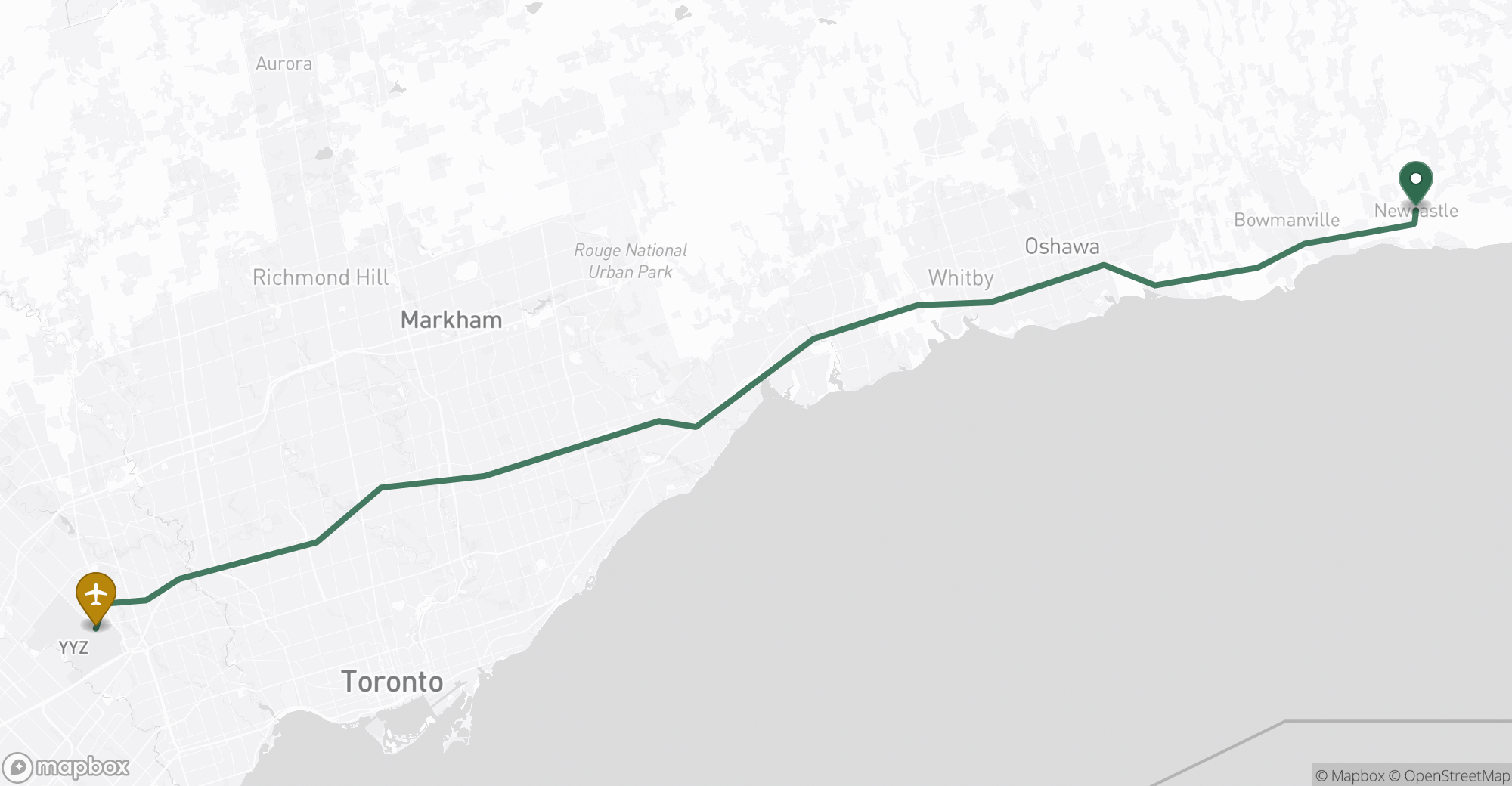 Driving route map from Newcastle to Toronto Pearson (YYZ) airport