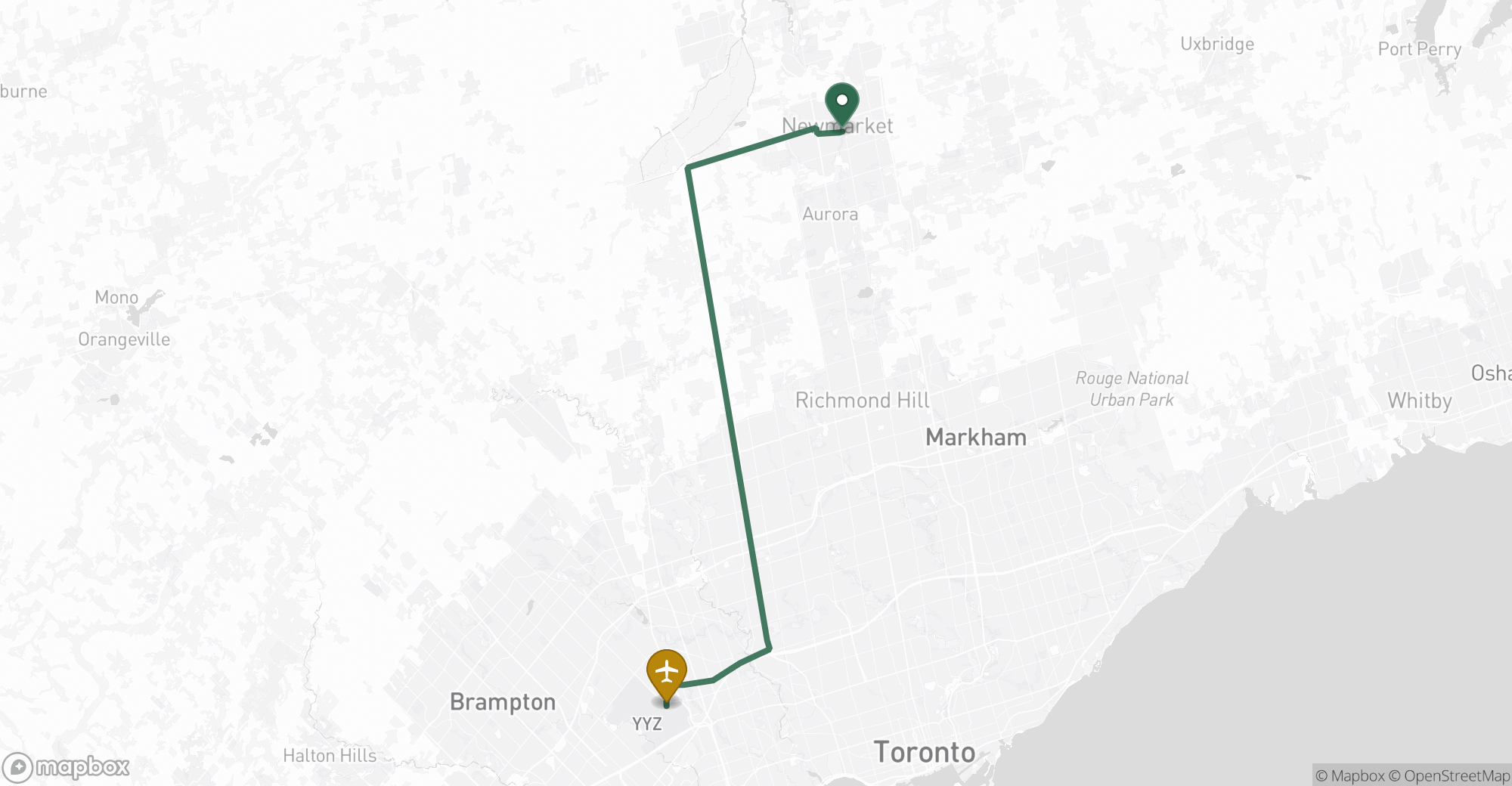 Driving route map from Newmarket to Toronto Pearson (YYZ) airport