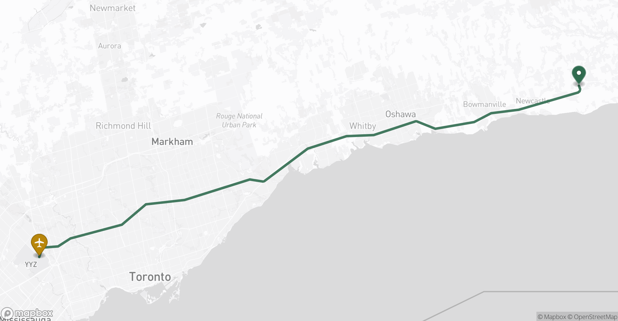 Driving route map from Newtonville to Toronto Pearson (YYZ) airport