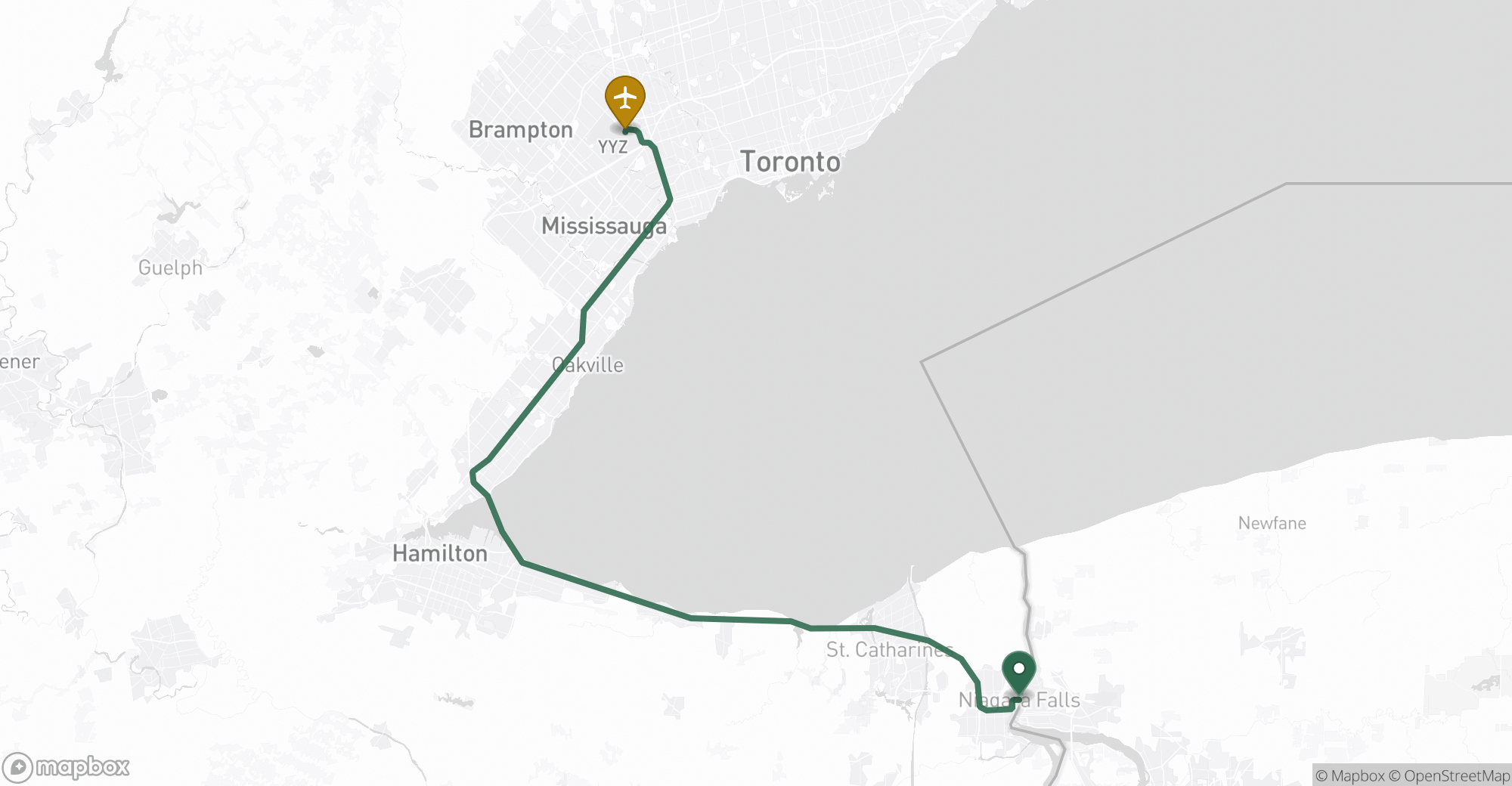 Driving route map from Niagara Falls to Toronto Pearson (YYZ) airport