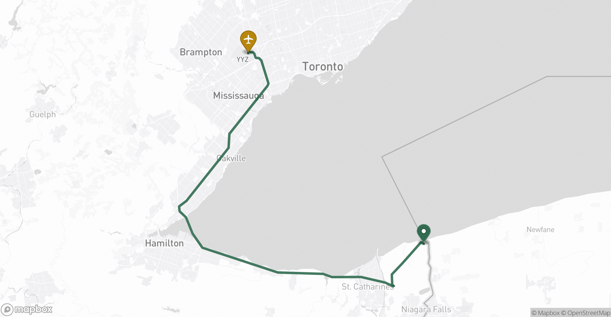 Driving route map from Niagara-on-the-Lake to Toronto Pearson (YYZ) airport