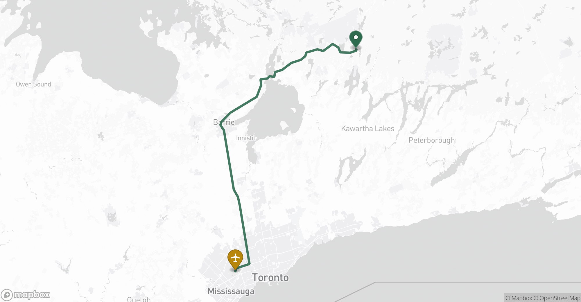 Driving route map from Norland to Toronto Pearson (YYZ) airport