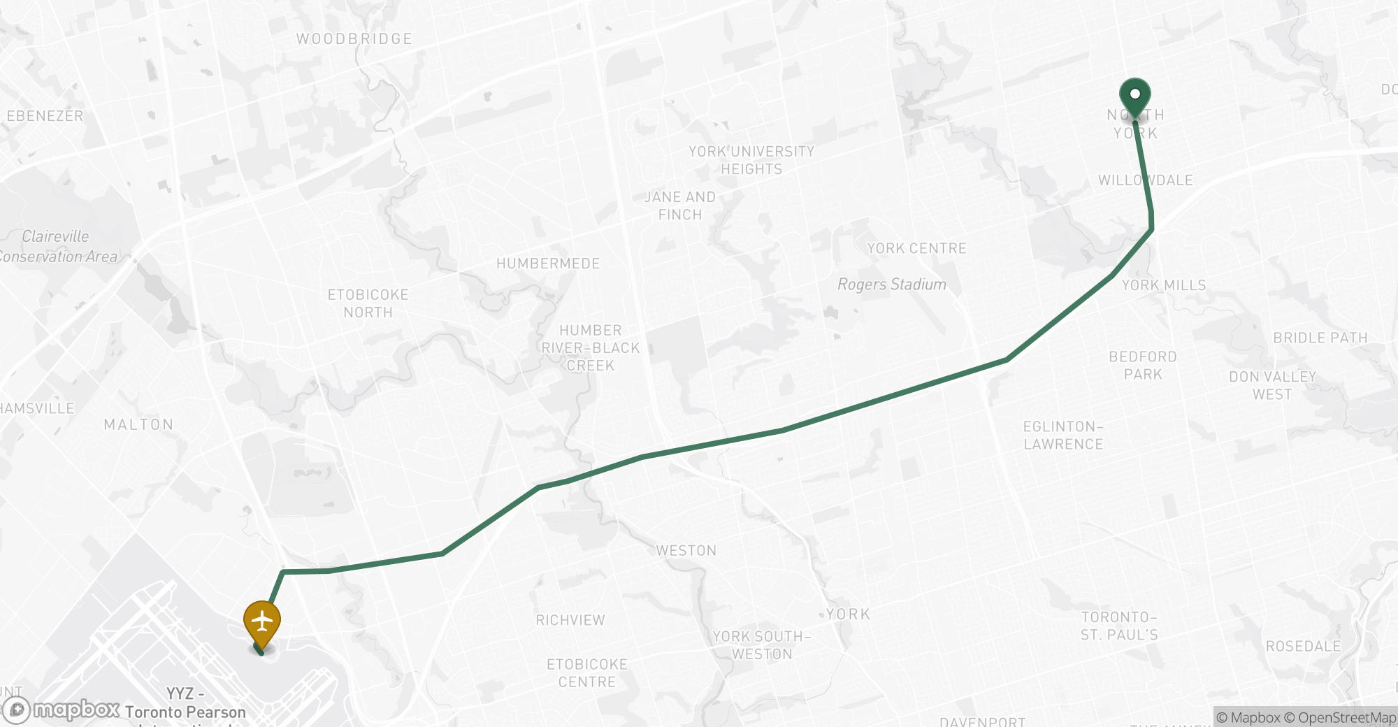 Driving route map from North York to Toronto Pearson (YYZ) airport