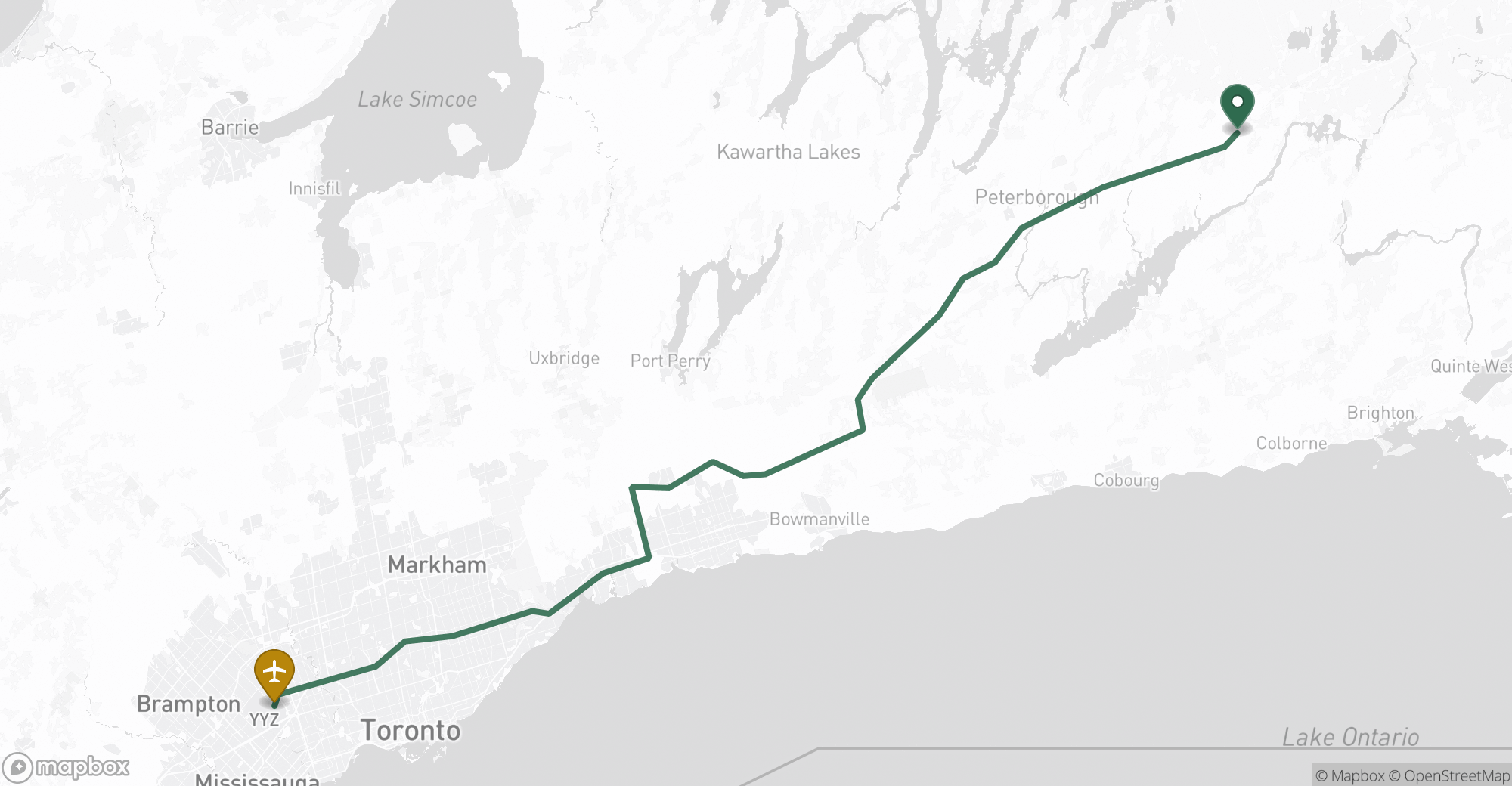 Driving route map from Norwood to Toronto Pearson (YYZ) airport