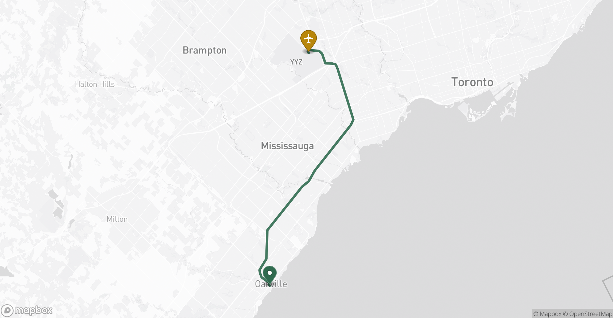 Driving route map from Oakville to Toronto Pearson (YYZ) airport