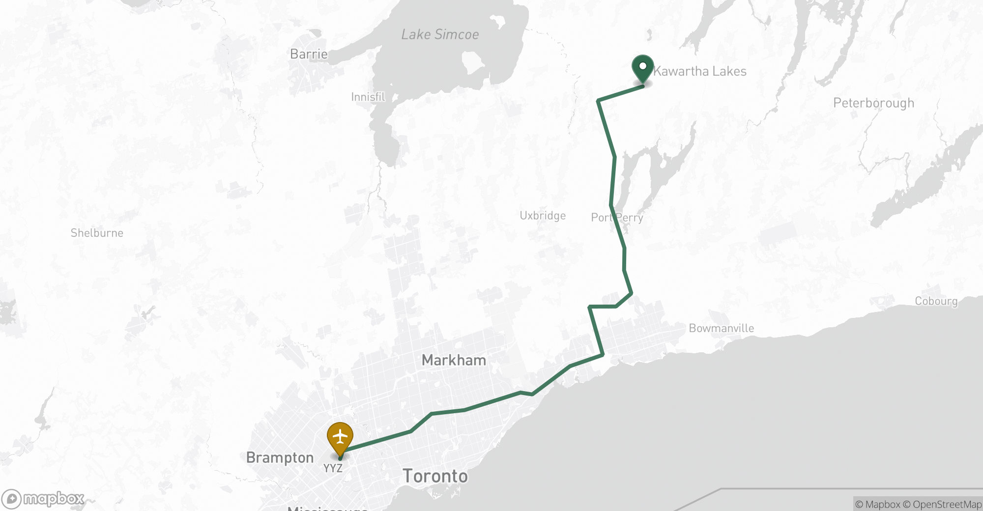 Driving route map from Oakwood to Toronto Pearson (YYZ) airport