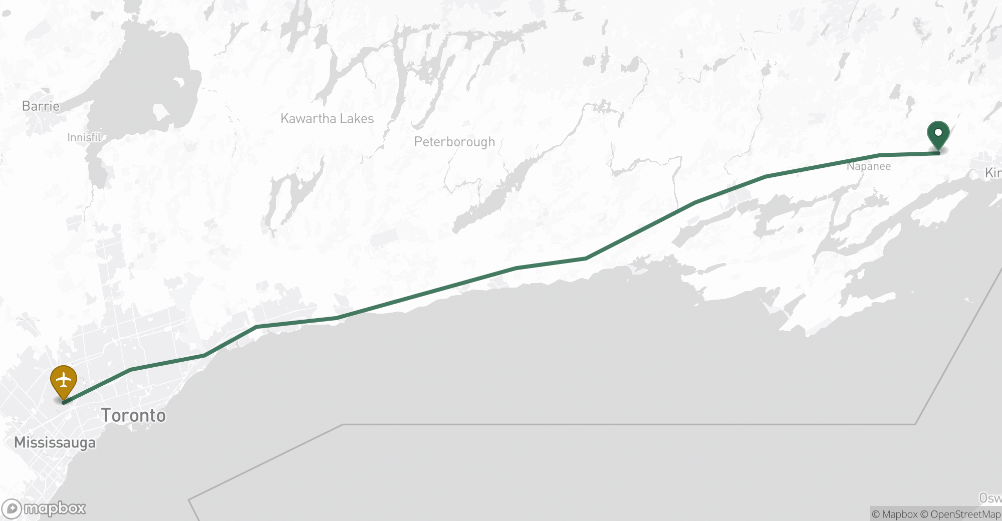 Driving route map from Odessa to Toronto Pearson (YYZ) airport