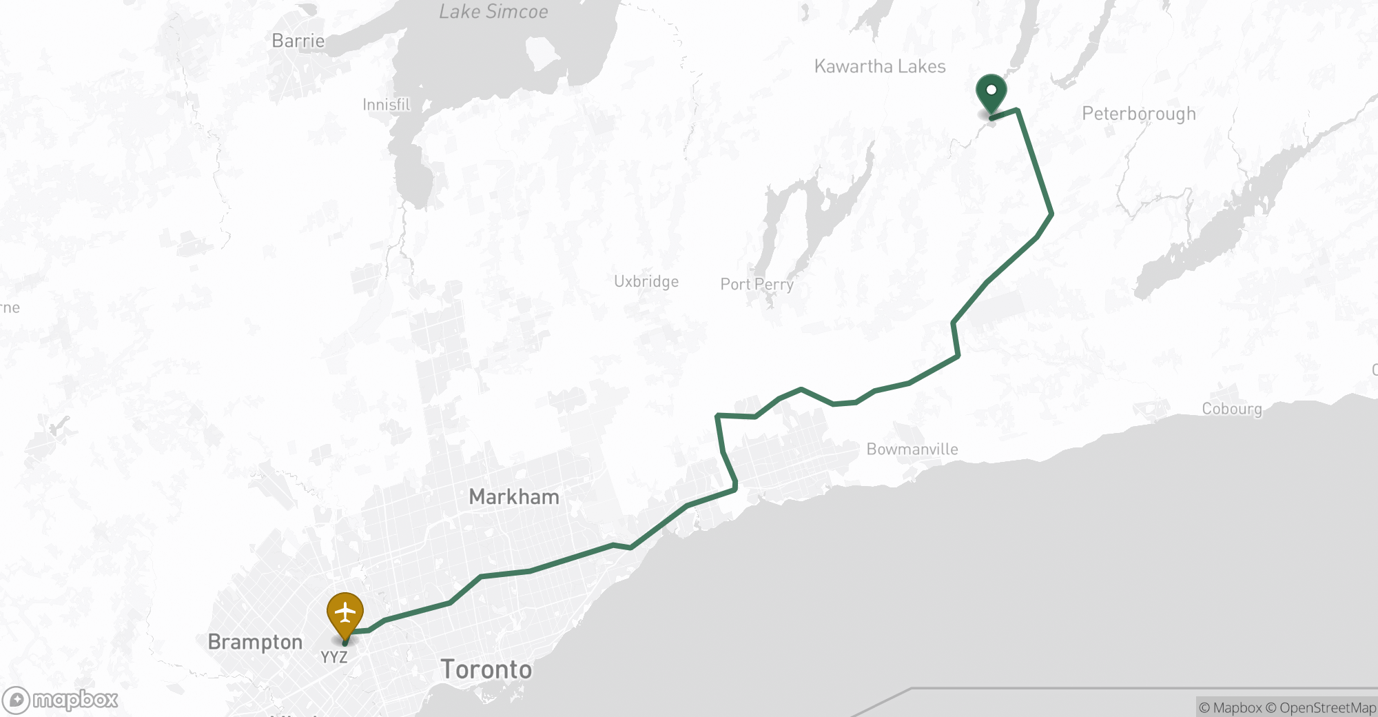 Driving route map from Omemee to Toronto Pearson (YYZ) airport