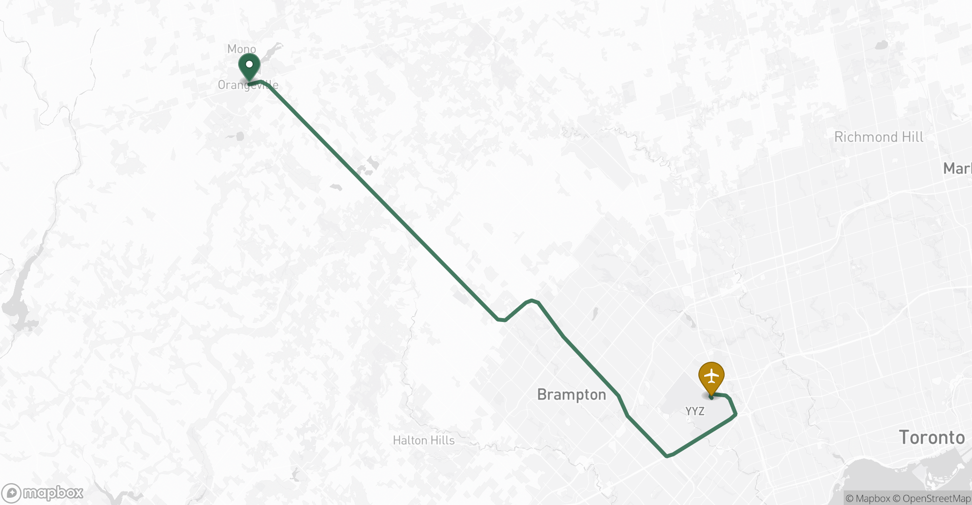 Driving route map from Orangeville to Toronto Pearson (YYZ) airport