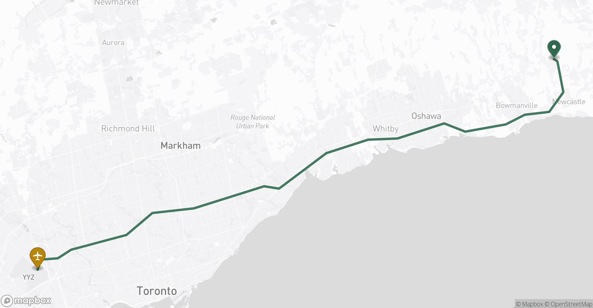 Driving route map from Orono to Toronto Pearson (YYZ) airport