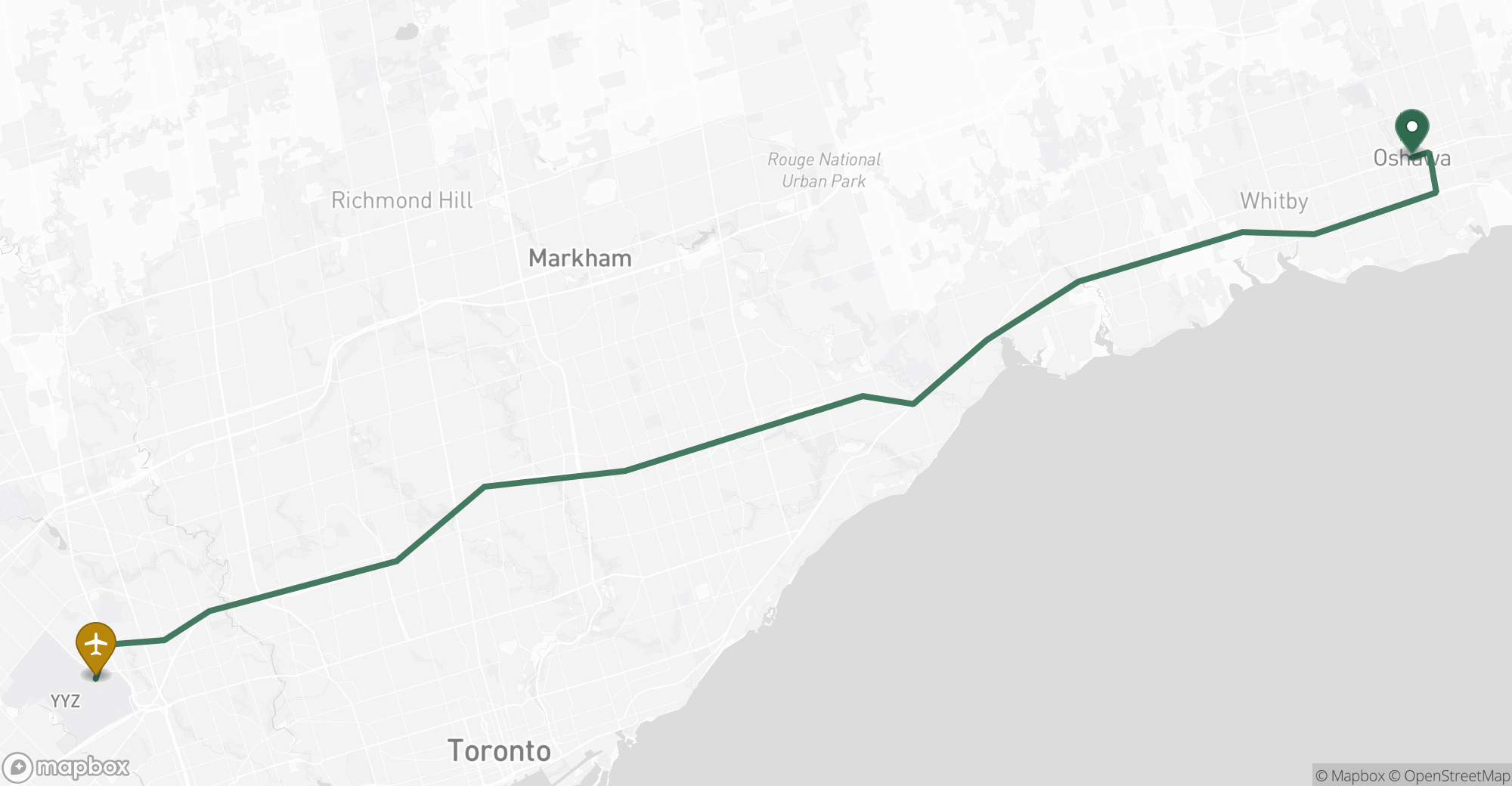 Driving route map from Oshawa to Toronto Pearson (YYZ) airport