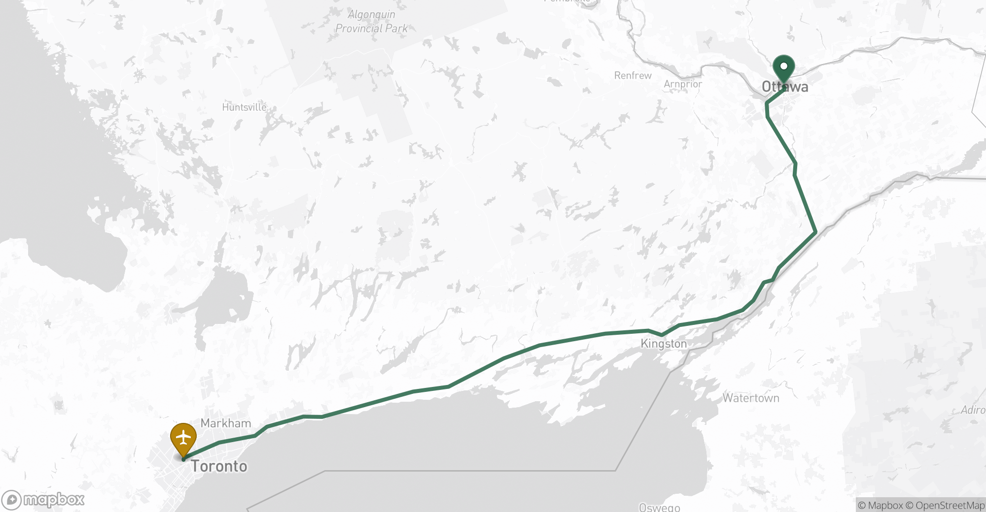 Driving route map from Ottawa to Toronto Pearson (YYZ) airport