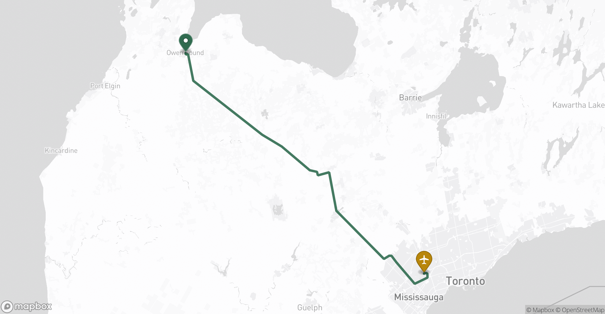 Driving route map from Owen Sound to Toronto Pearson (YYZ) airport