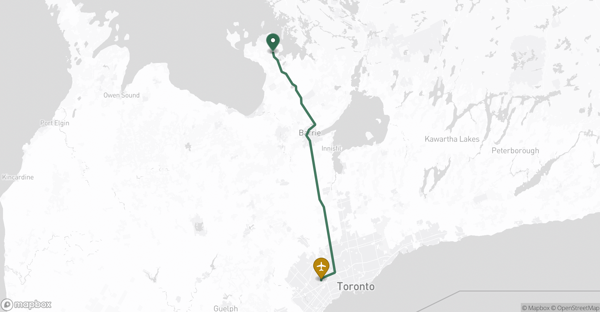 Driving route map from Penetanguishene to Toronto Pearson (YYZ) airport