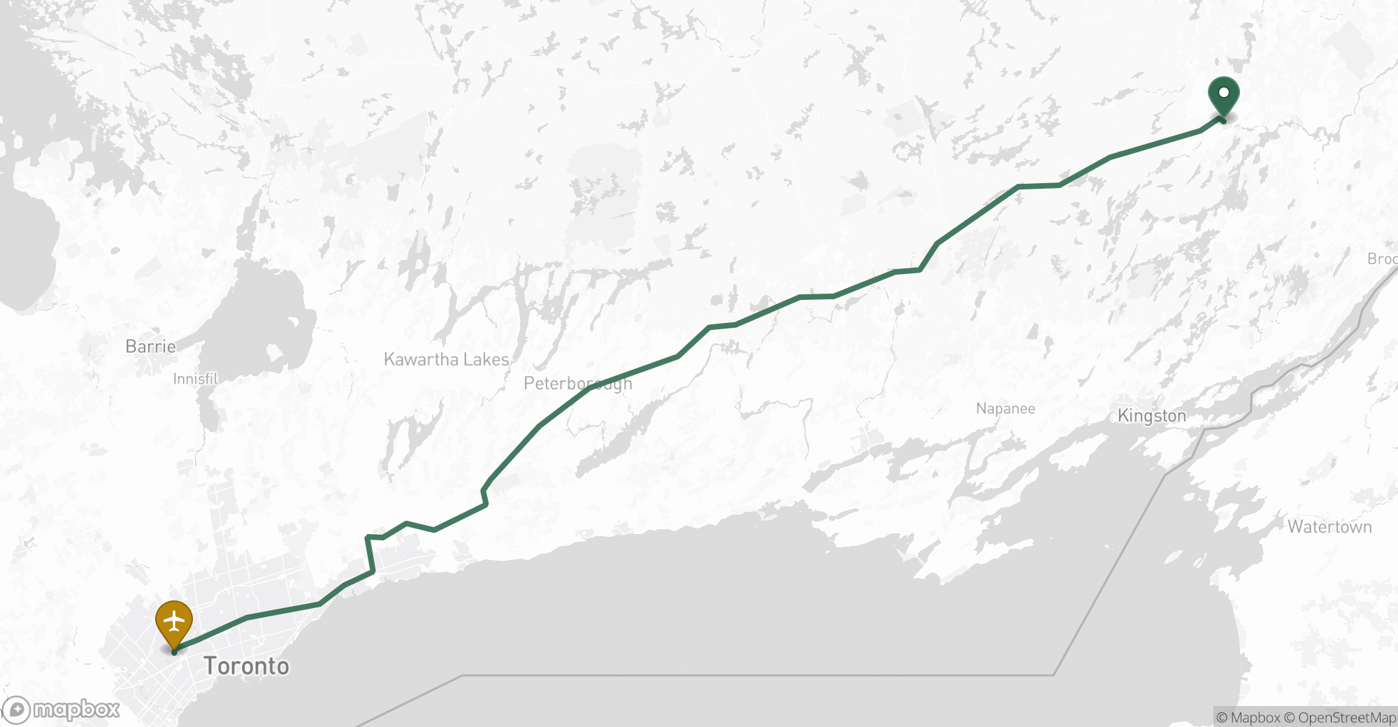 Driving route map from Perth to Toronto Pearson (YYZ) airport