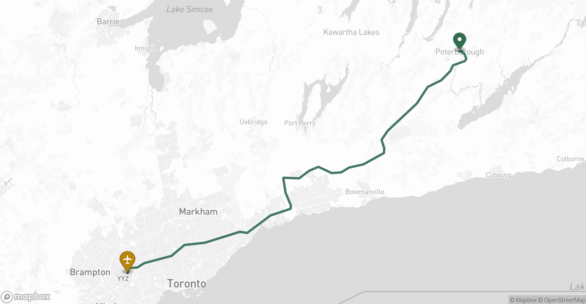 Driving route map from Peterborough to Toronto Pearson (YYZ) airport