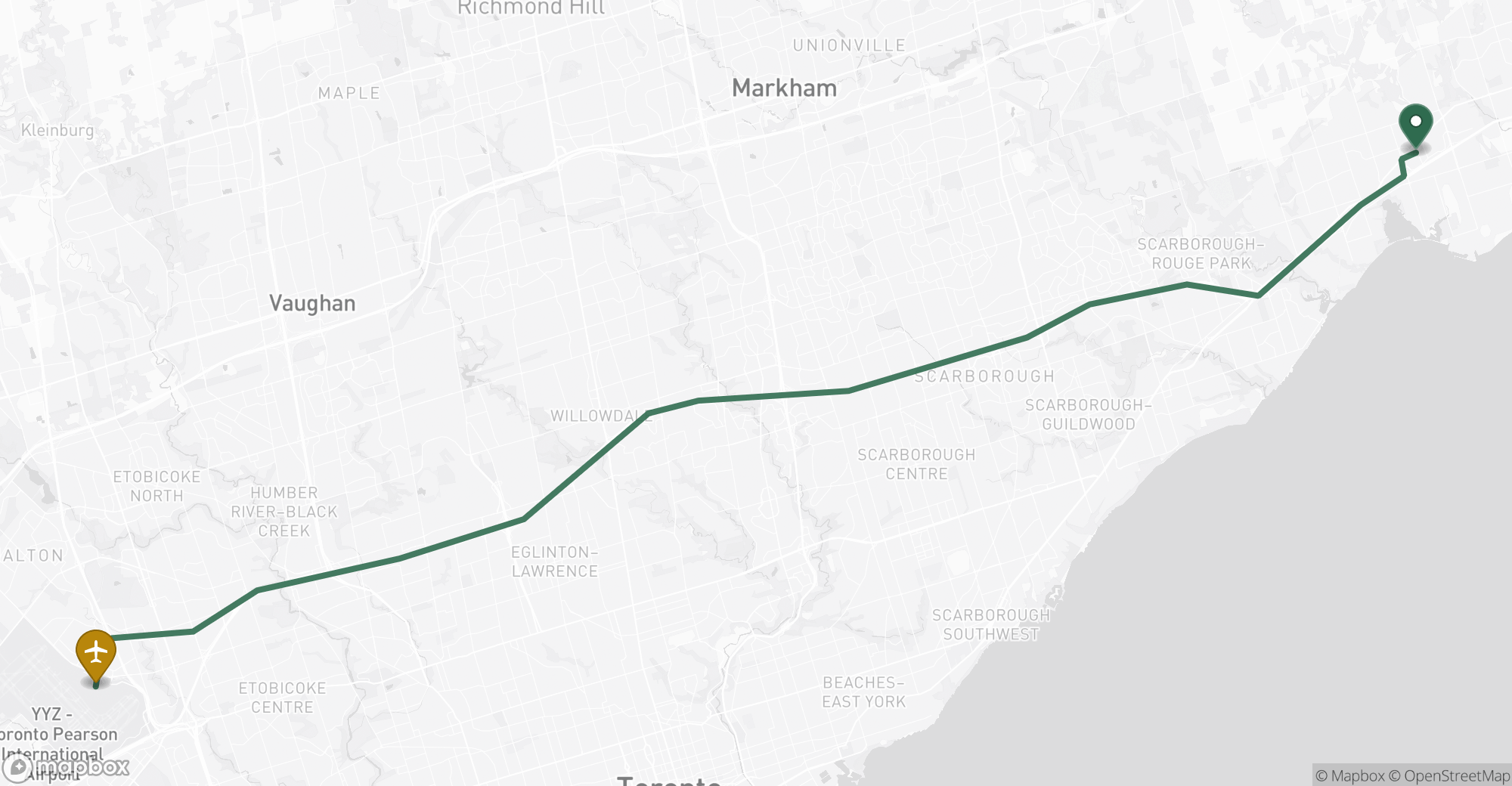 Driving route map from Pickering to Toronto Pearson (YYZ) airport