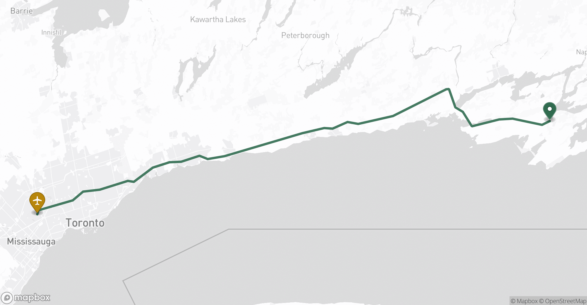 Driving route map from Picton to Toronto Pearson (YYZ) airport