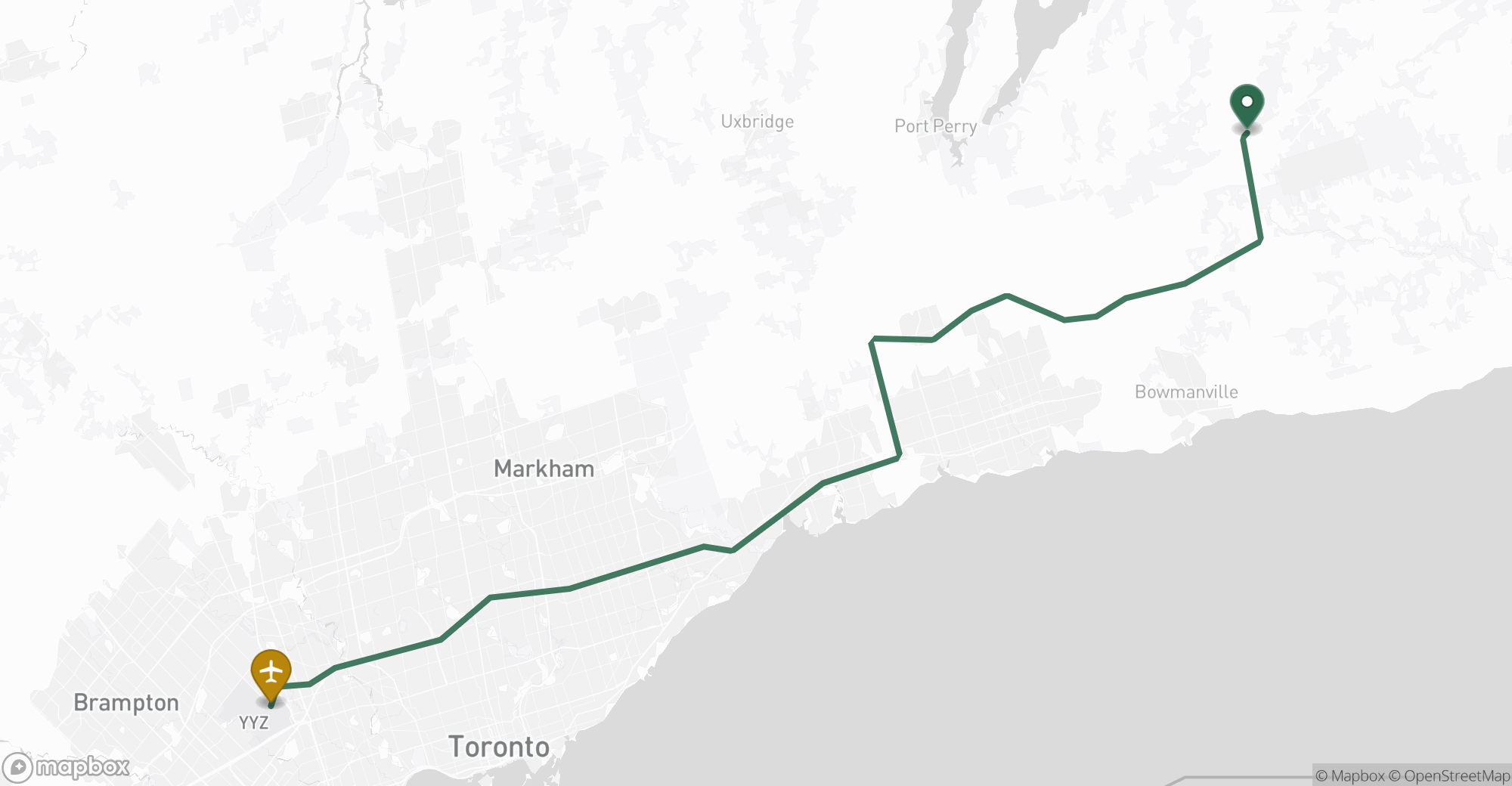 Driving route map from Pontypool to Toronto Pearson (YYZ) airport
