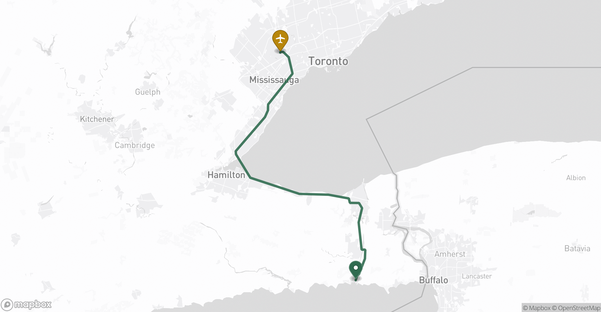 Driving route map from Port Colborne to Toronto Pearson (YYZ) airport