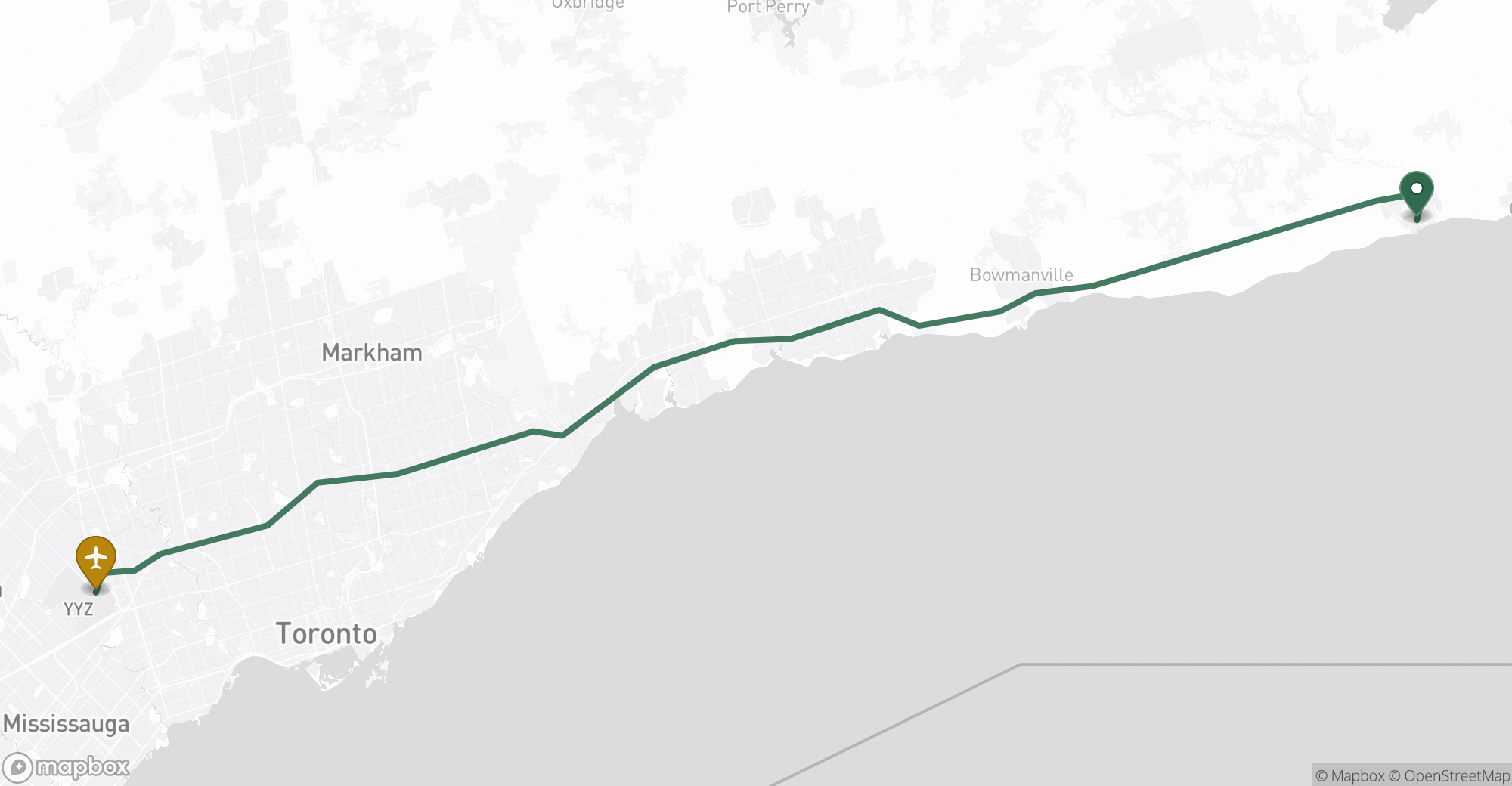 Driving route map from Port Hope to Toronto Pearson (YYZ) airport