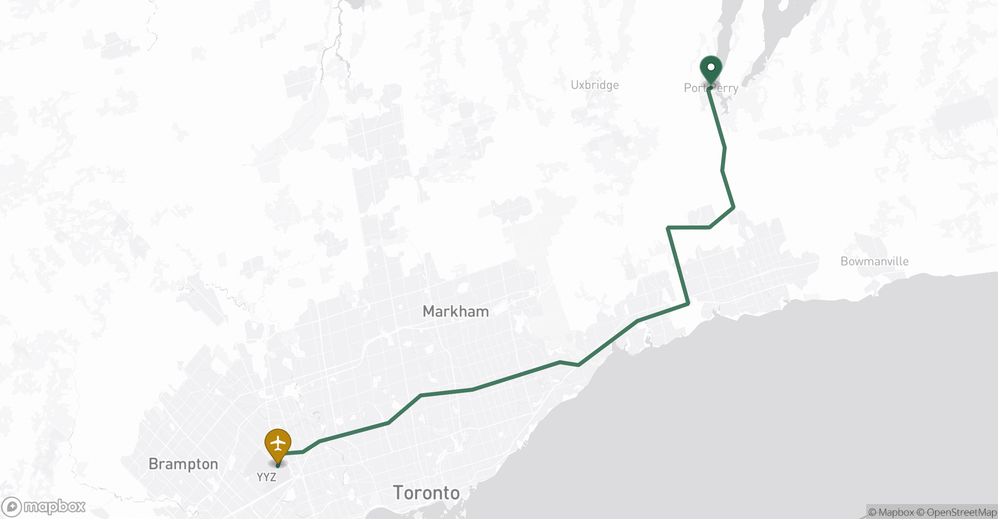 Driving route map from Port Perry to Toronto Pearson (YYZ) airport