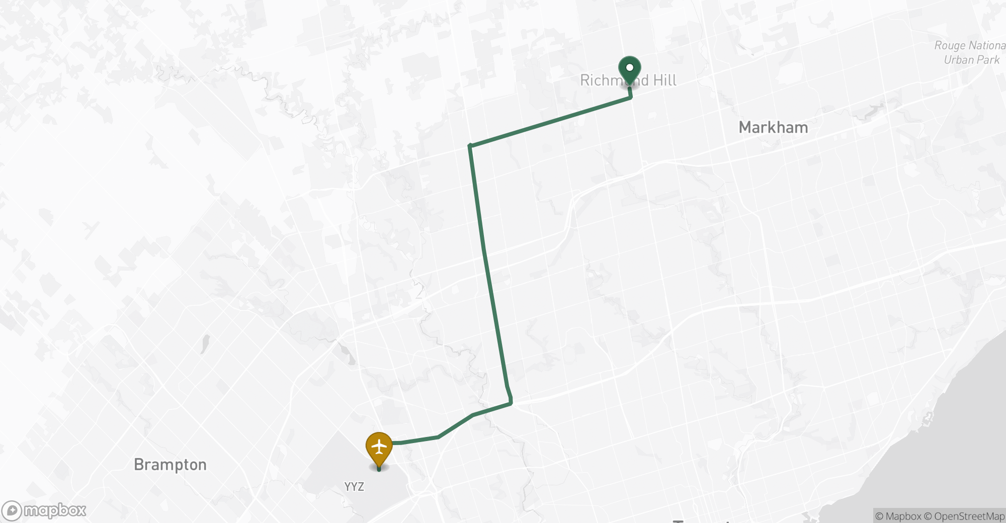 Driving route map from Richmond Hill to Toronto Pearson (YYZ) airport
