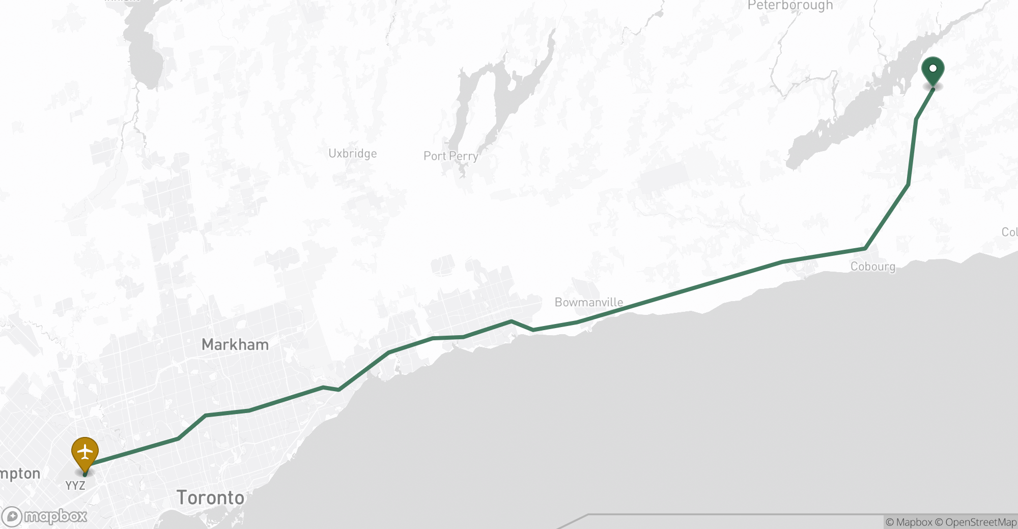 Driving route map from Roseneath to Toronto Pearson (YYZ) airport