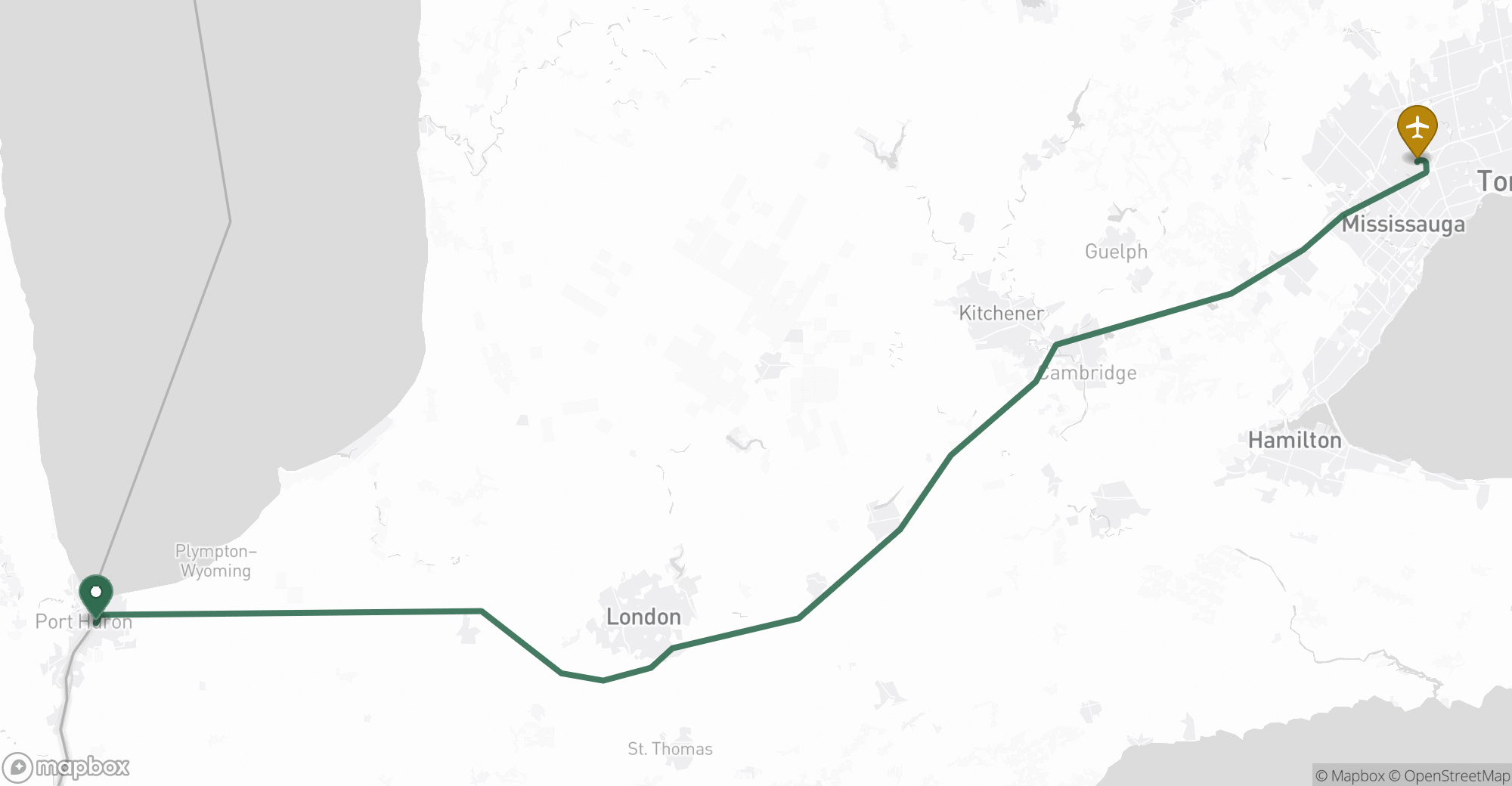 Driving route map from Sarnia to Toronto Pearson (YYZ) airport