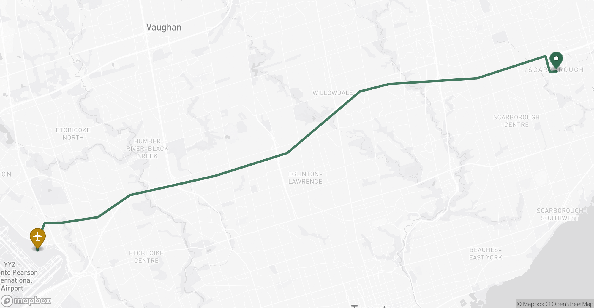 Driving route map from Scarborough to Toronto Pearson (YYZ) airport