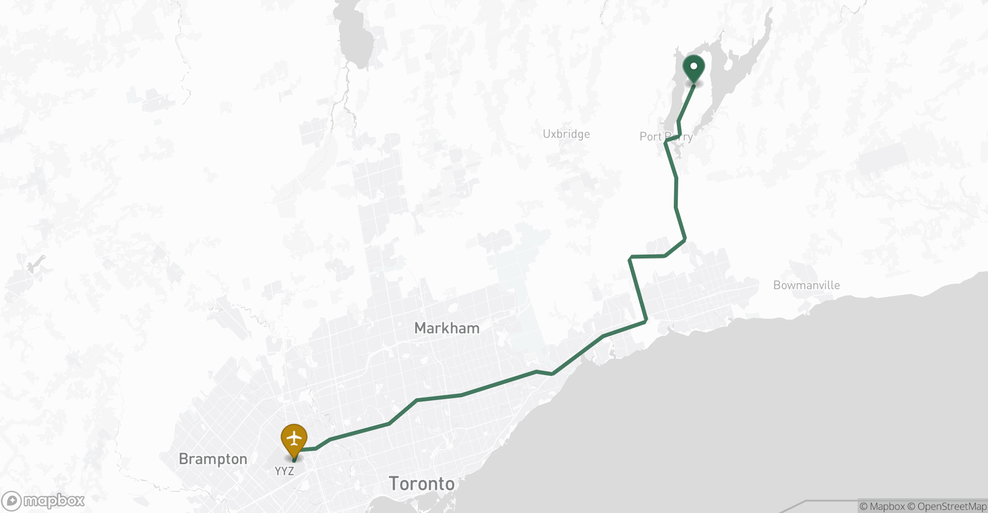 Driving route map from Scugog to Toronto Pearson (YYZ) airport