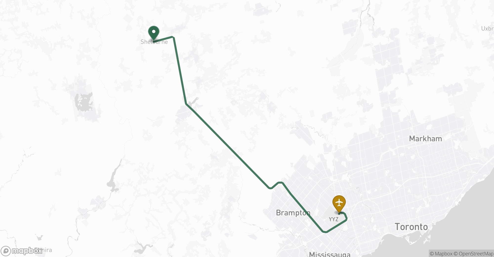 Driving route map from Shelburne to Toronto Pearson (YYZ) airport