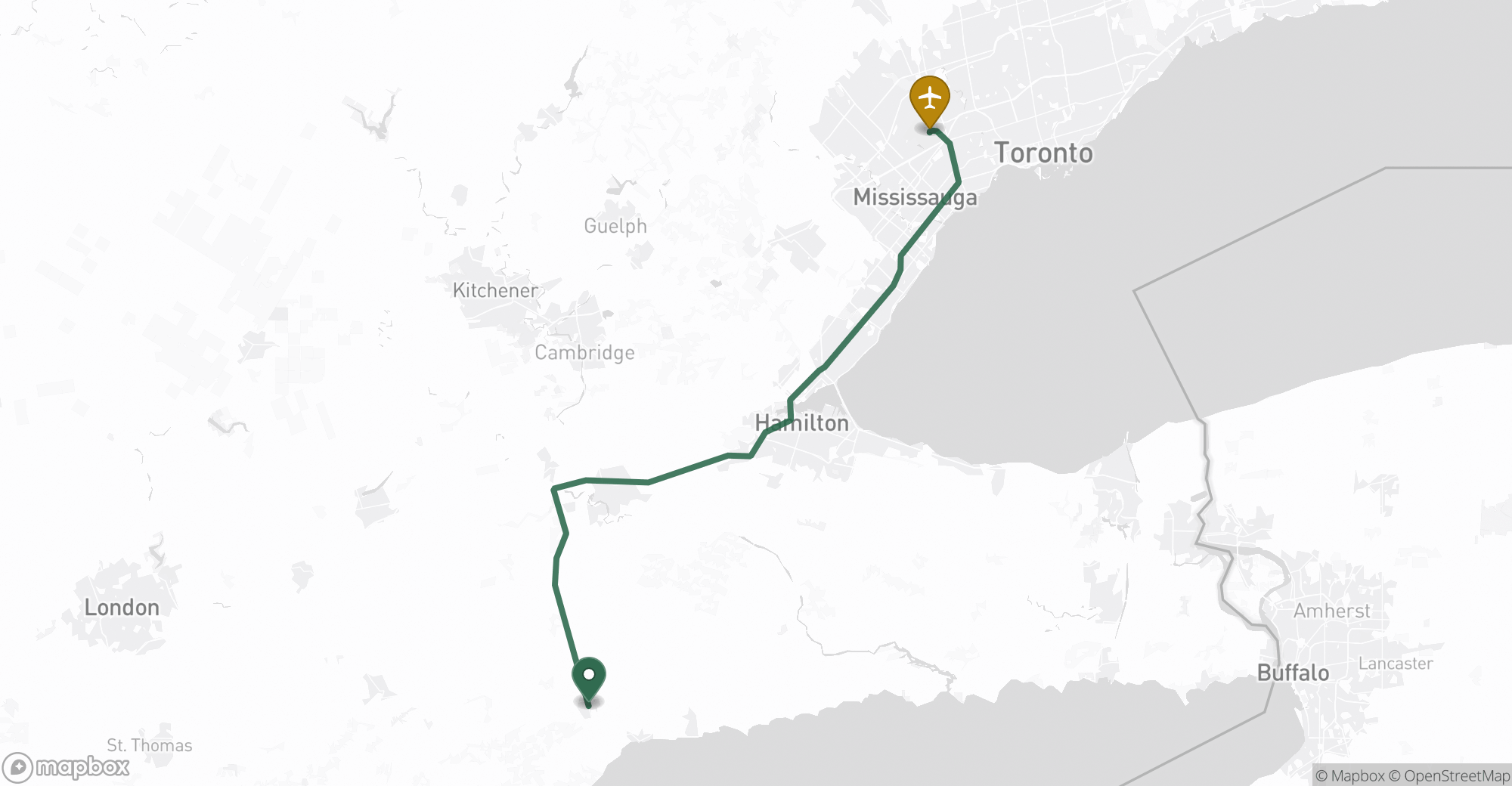Driving route map from Simcoe to Toronto Pearson (YYZ) airport