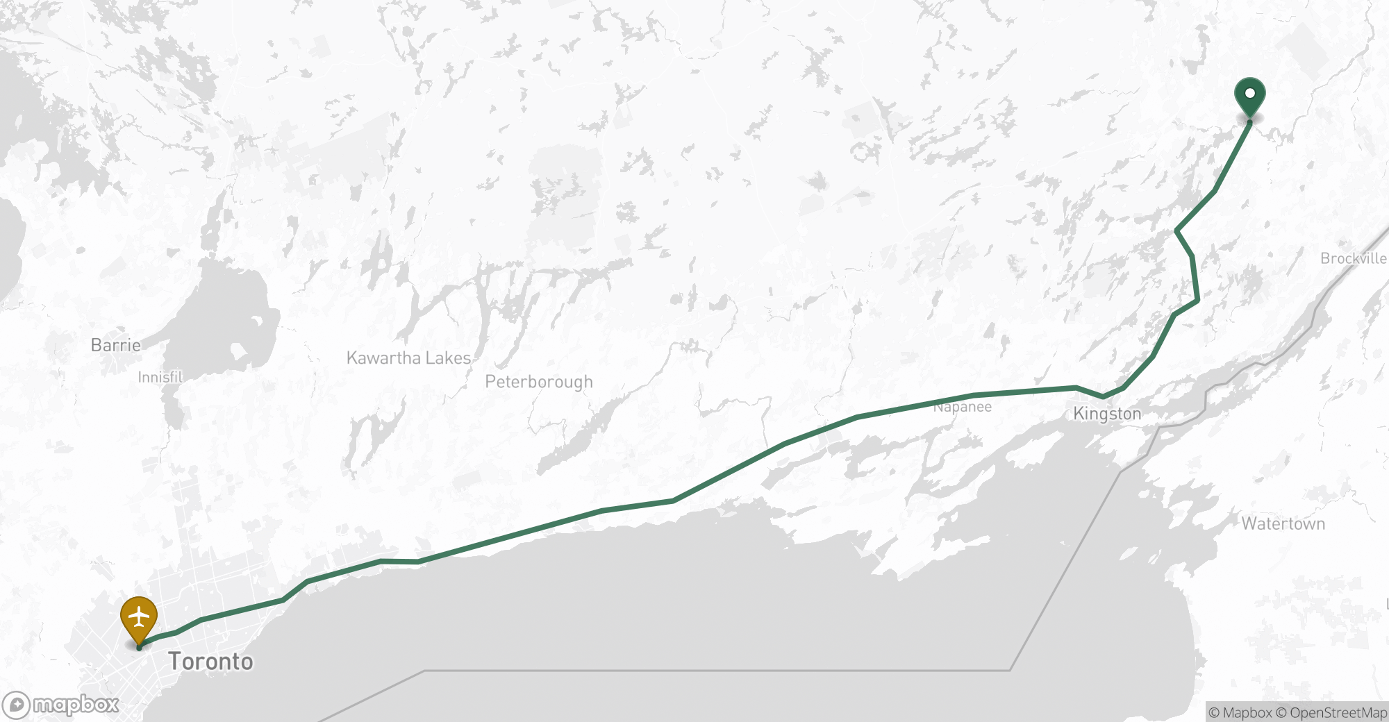 Driving route map from Smiths Falls to Toronto Pearson (YYZ) airport