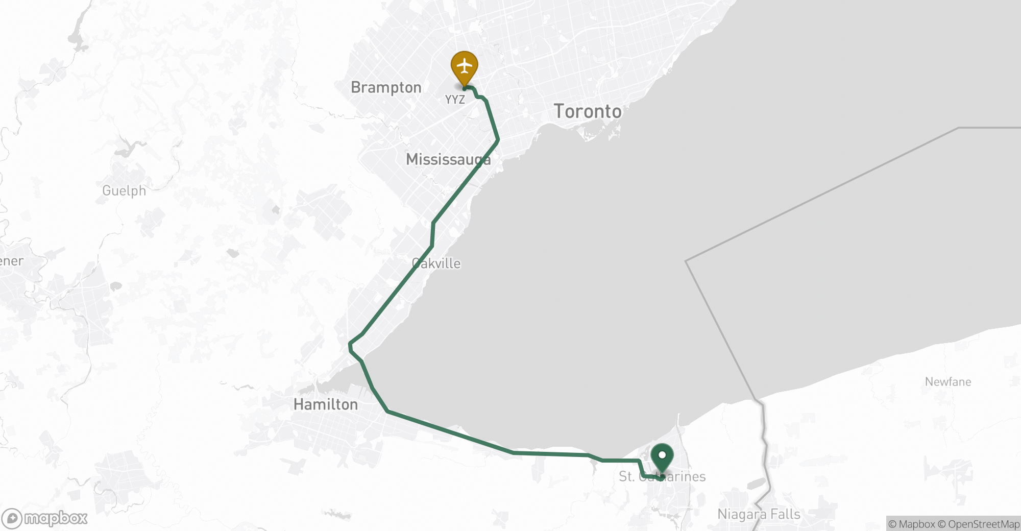 Driving route map from St. Catharines to Toronto Pearson (YYZ) airport