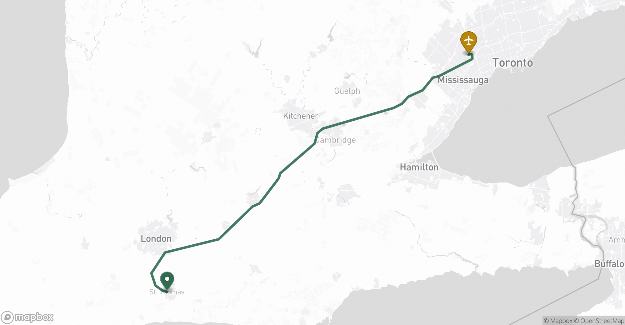 Driving route map from St. Thomas to Toronto Pearson (YYZ) airport