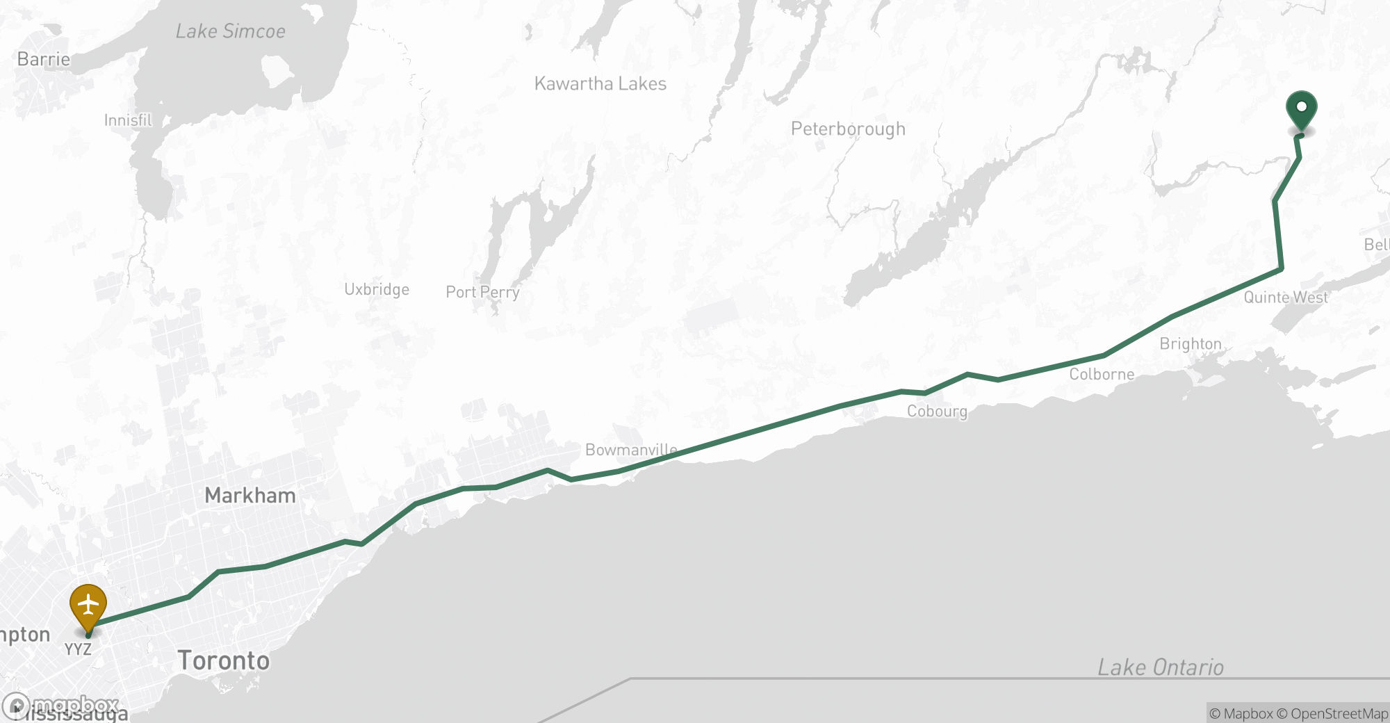 Driving route map from Stirling to Toronto Pearson (YYZ) airport