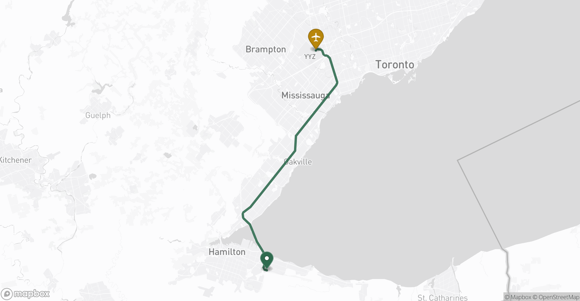 Driving route map from Stoney Creek to Toronto Pearson (YYZ) airport